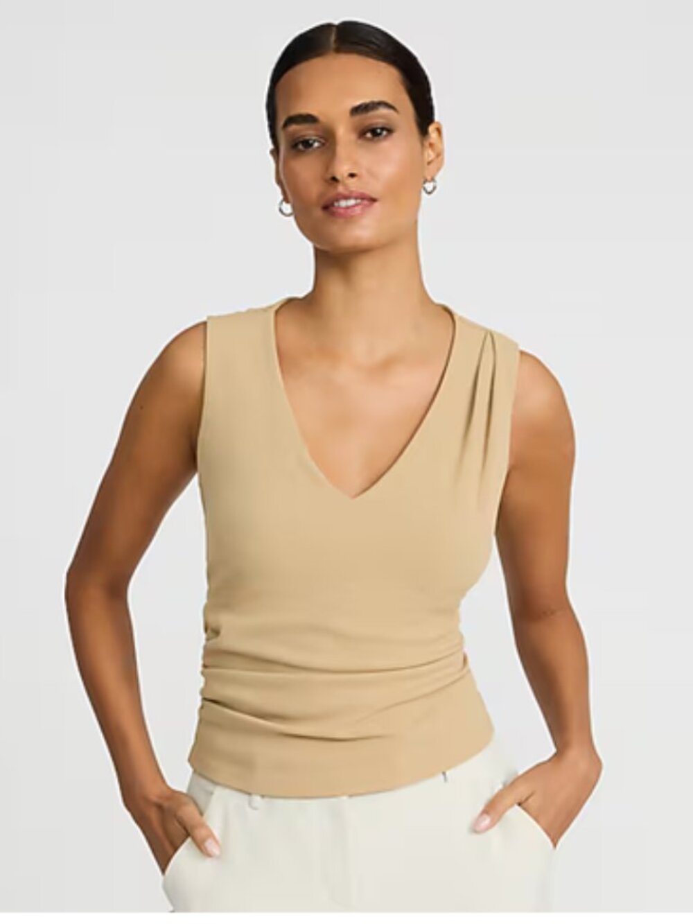 Express Tan V-Neck Sleeveless Ruched Side Sleeveless Top